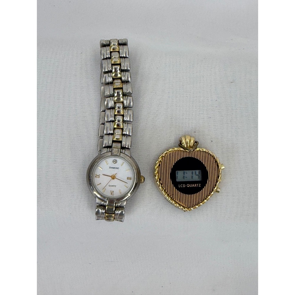 Vintage Diamond Quartz Two Tone Wristwatch and Heart LCD Pendant Watch Lot